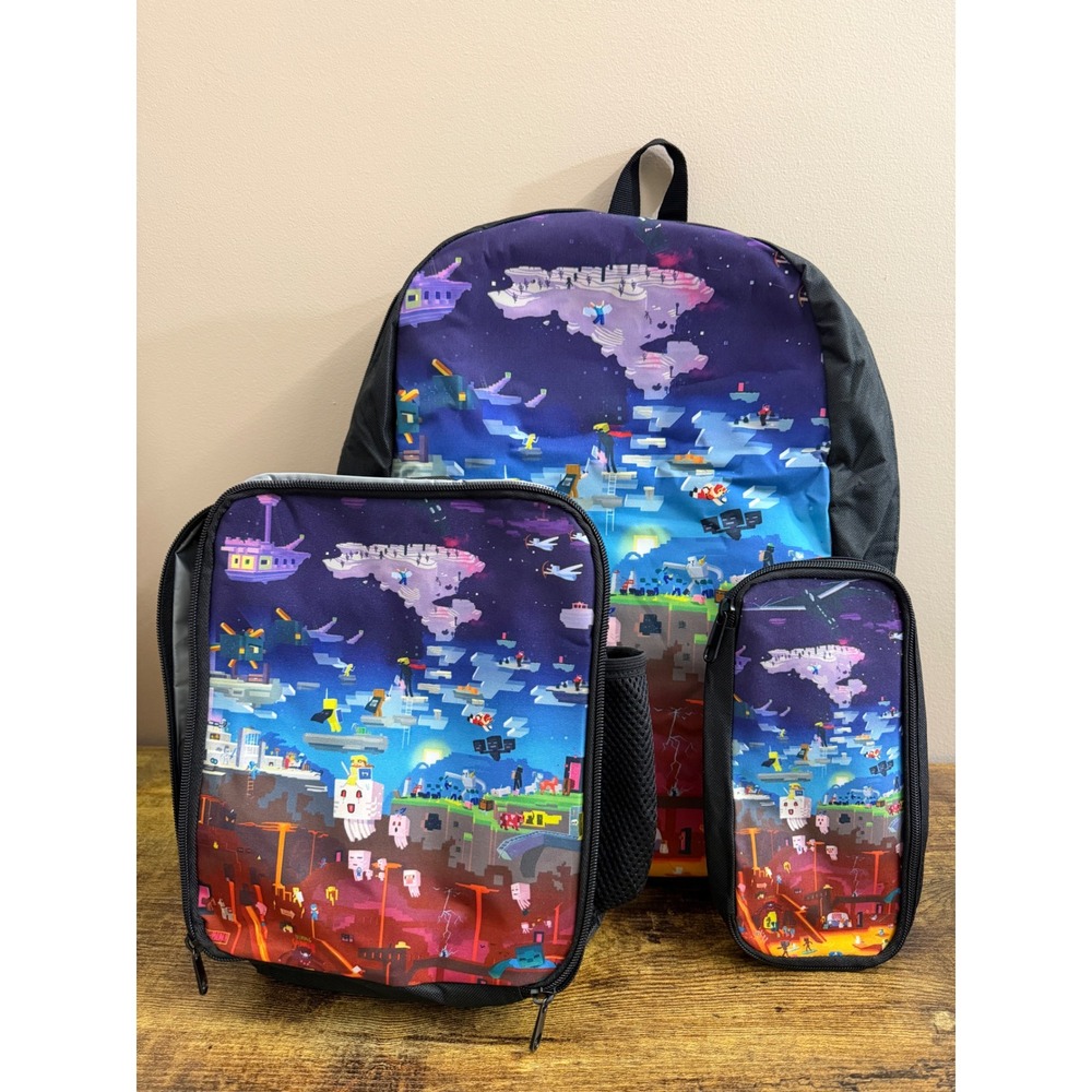 Pixel Gaming Backpack Lunch‎ Bag Pencil Case 3 Piece School Set New